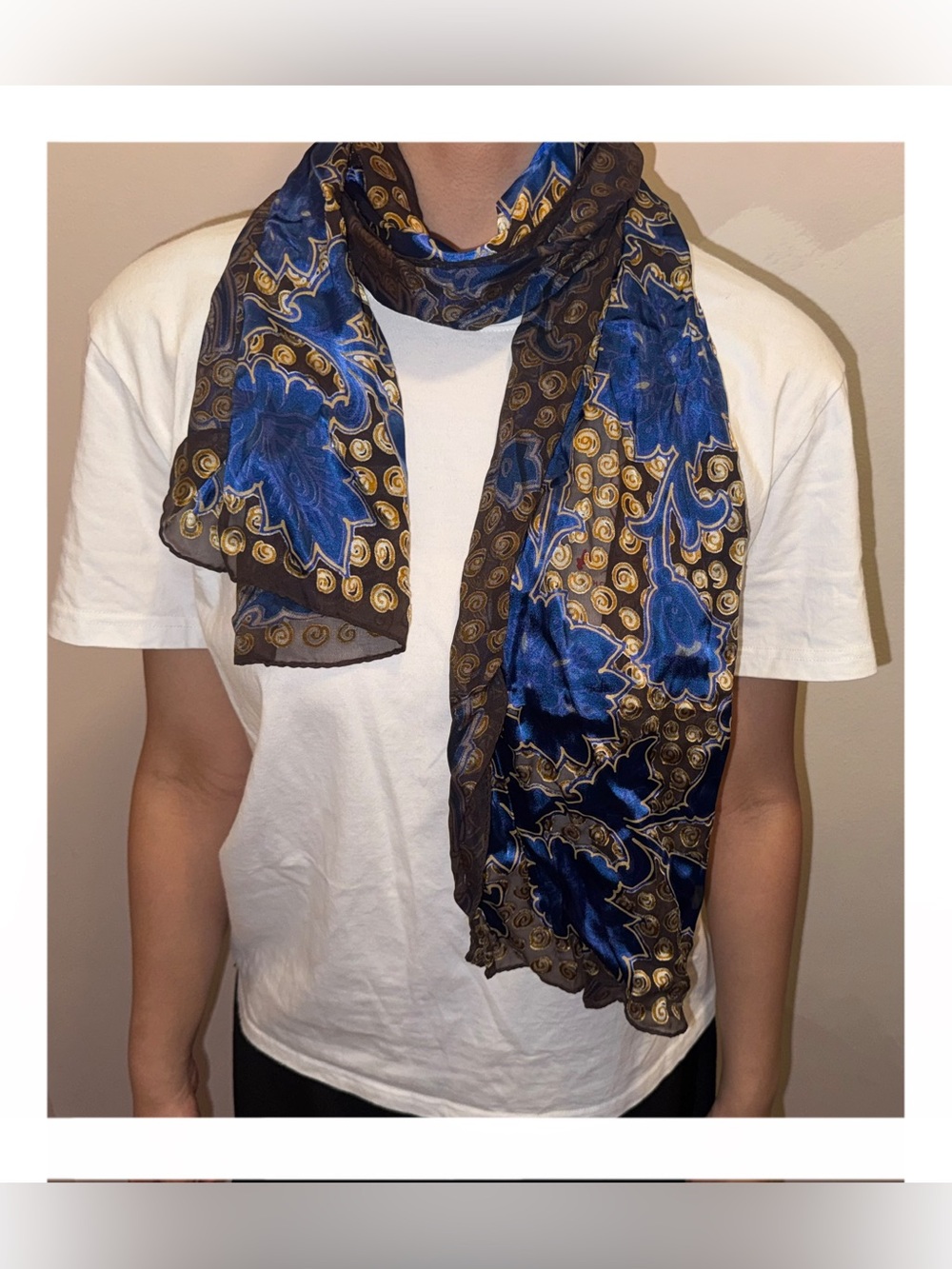 Vintage Silk Blend Blue and Gold Paisley Scarf